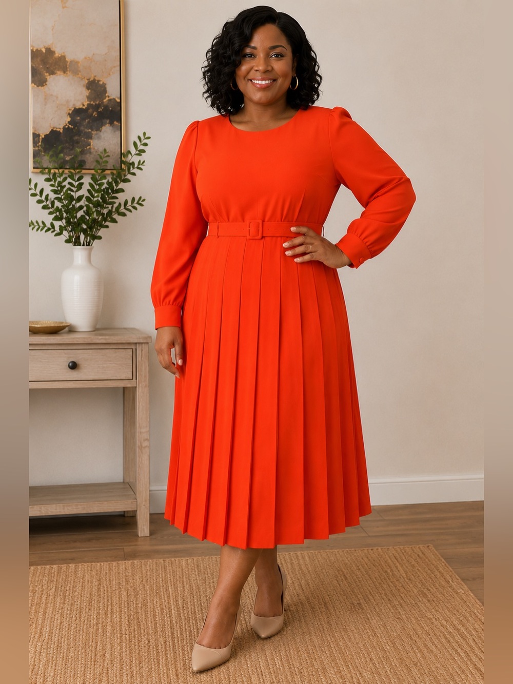 Ann Taylor Orange Pleated Midi Dress Size 18 Belted Long Sleeve